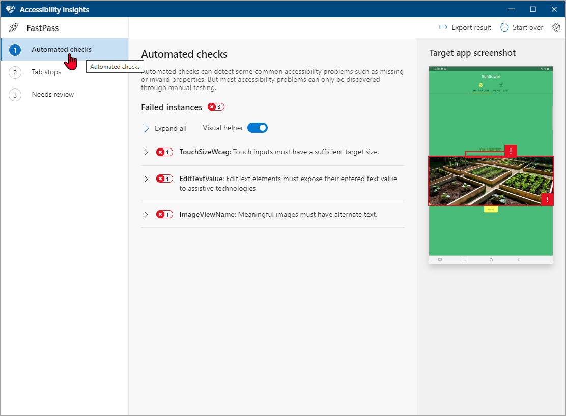 Screen shows automated checks with three failed instances.