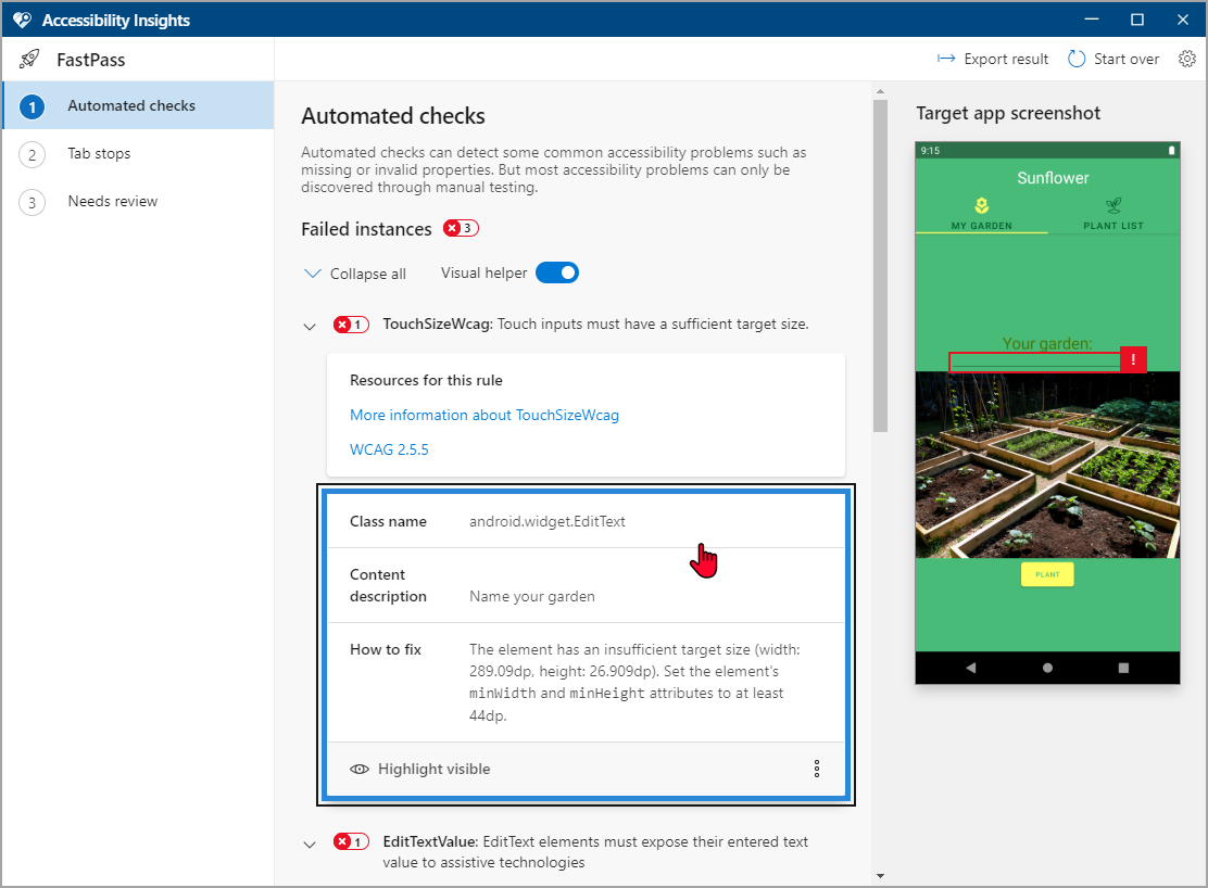 Screen shows user clicking a failed instance from the automated checks. A red box highlights the corresponding section on the target app screenshot.