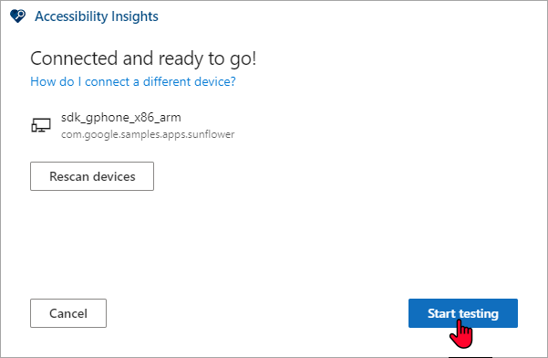 Screenshot of Accessibility Insights for Android. Options are rescan devices, cancel, or start testing.