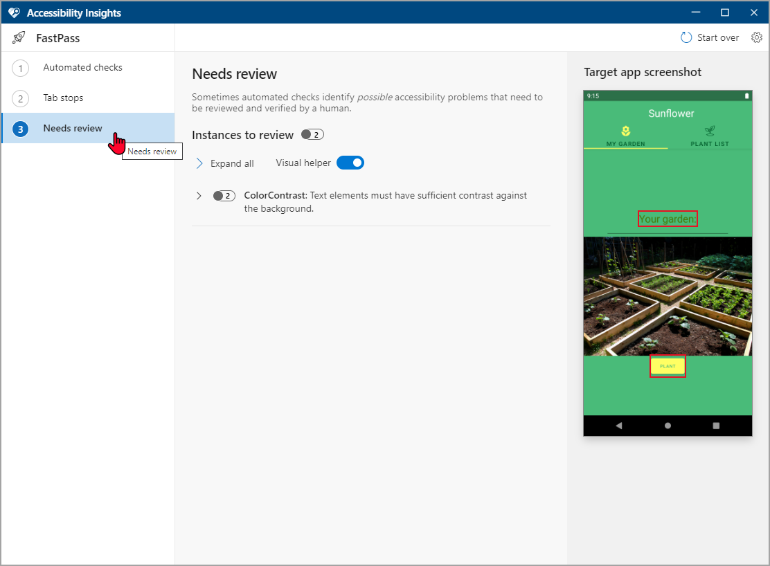 Screen shows the user clicking the needs review test from the navigation.