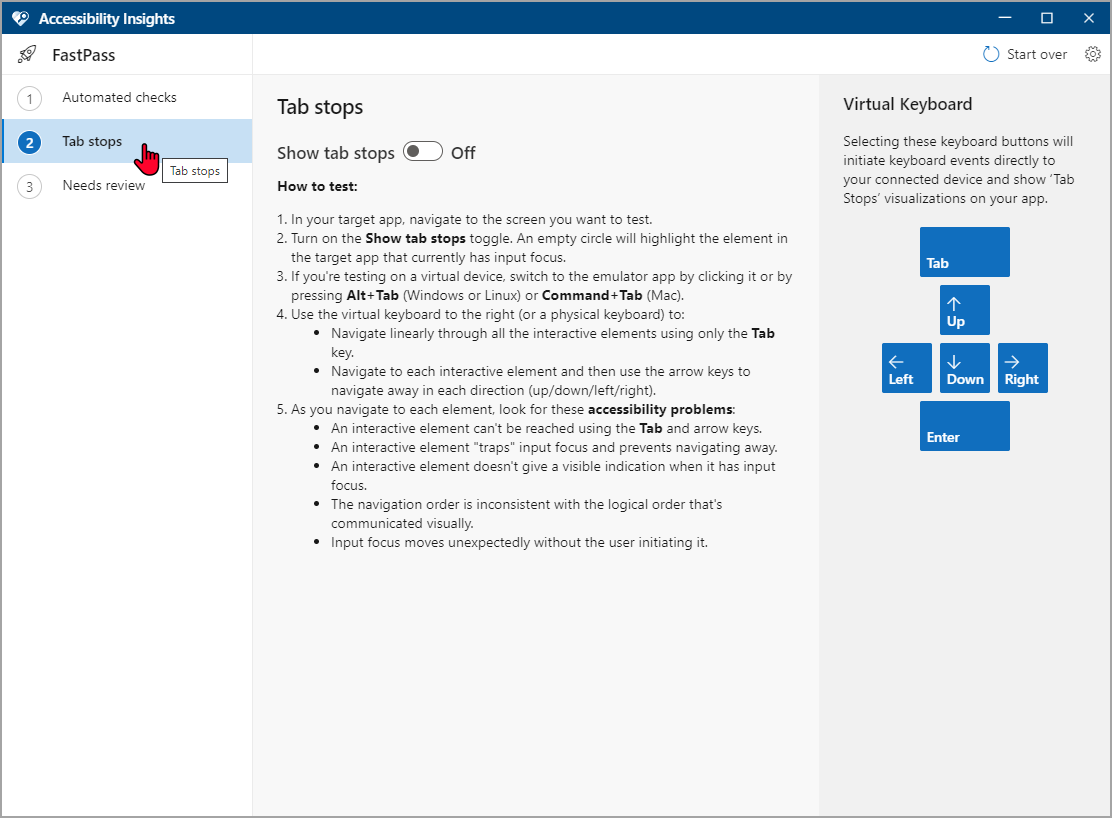 Screenshot shows the user clicking the tab stops test from the navigation menu.