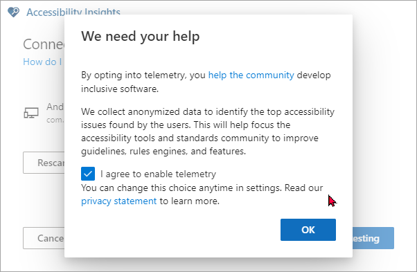 Screenshot of the We need your help dialog, which explains how opting into telemetry helps the community develop inclusive software.