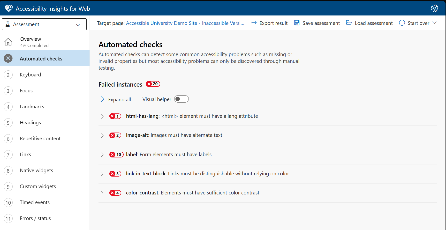 Failures listed in the Accessibility Insights for Web page