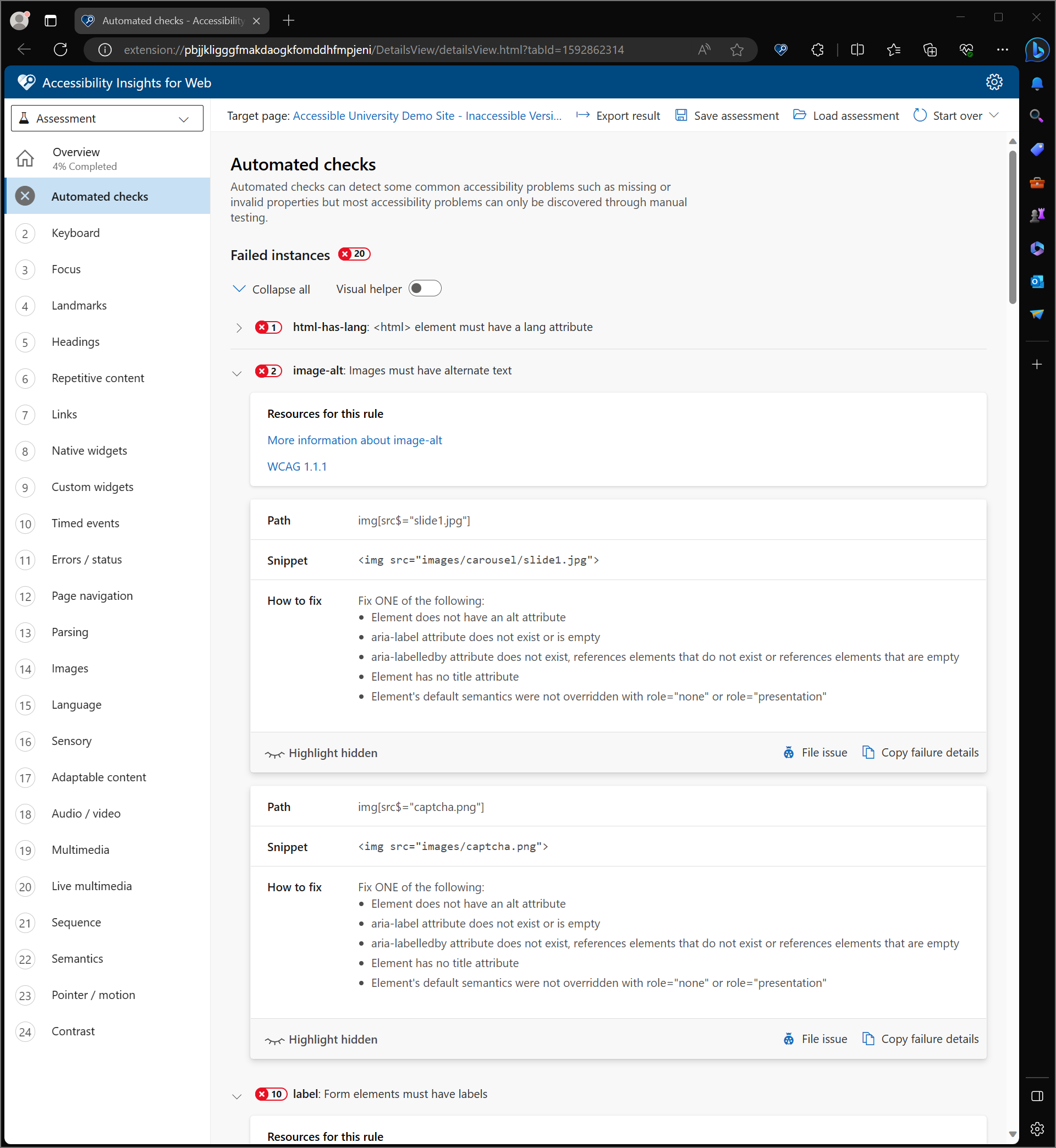 Failed instances in the Accessibility Insights for Web page