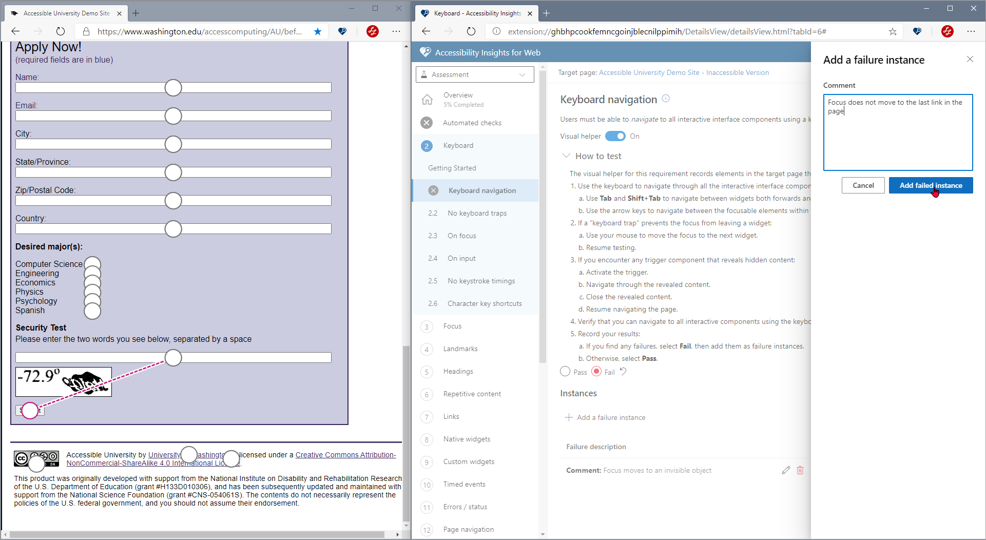 Keyboard navigation requirement shows failed when one failure instance added