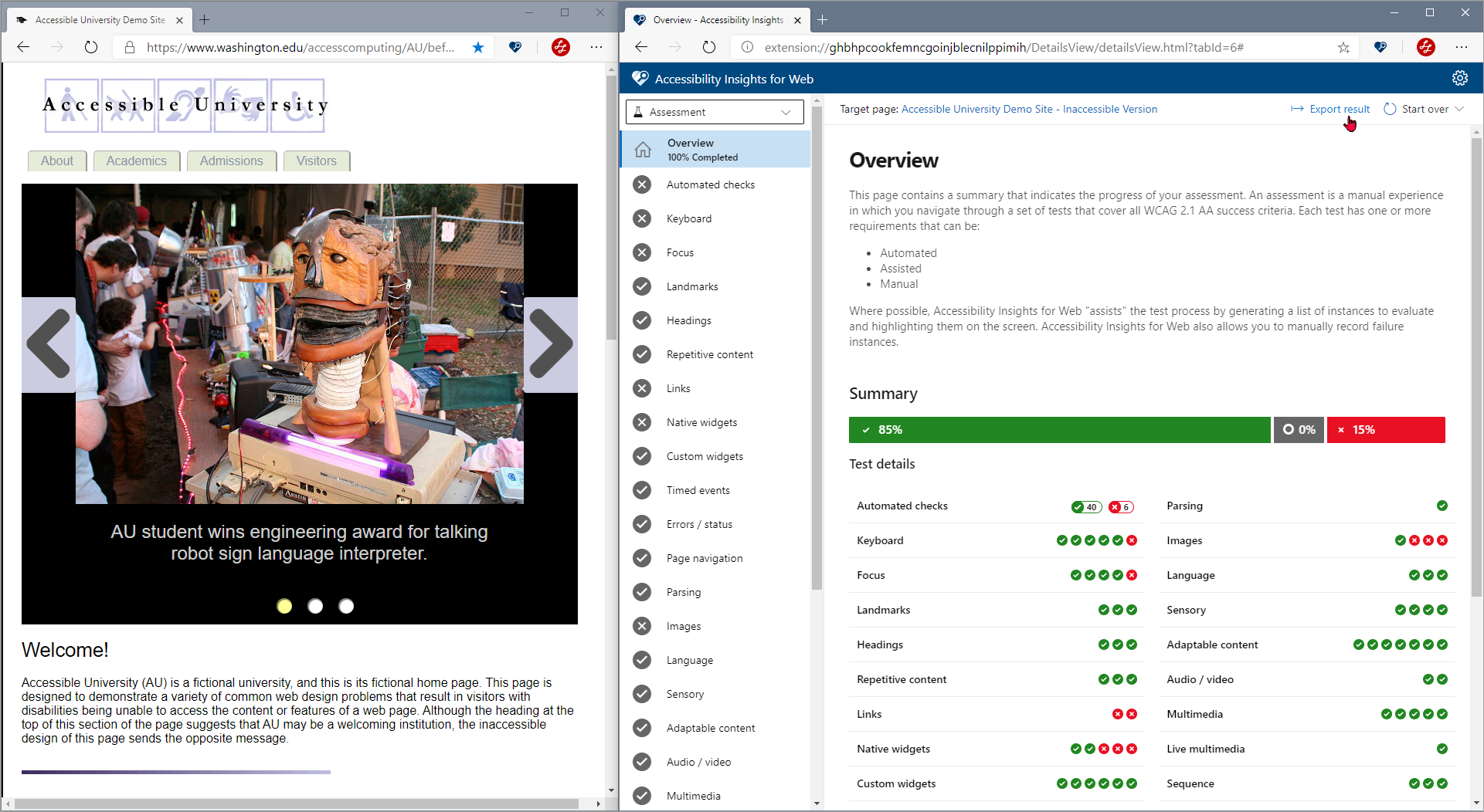 Overview showing results of a completed assessment