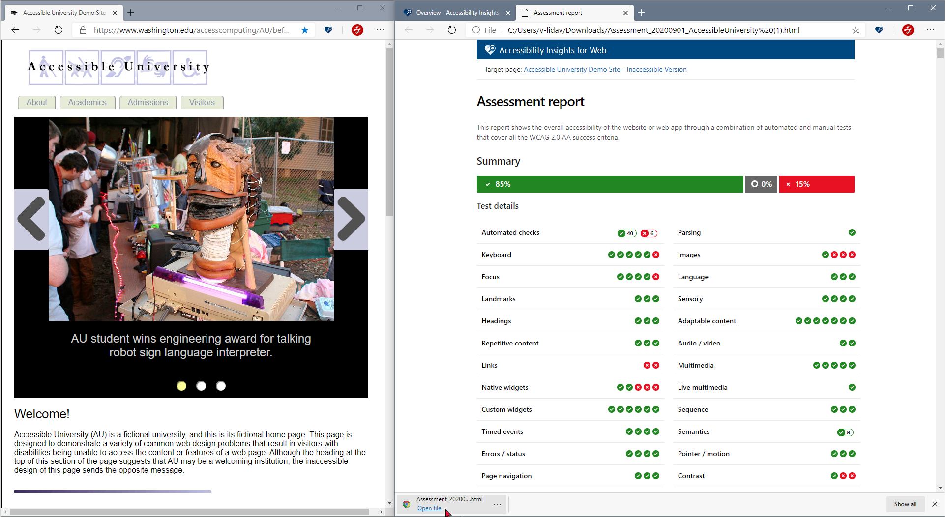 Report showing results of a completed assessment