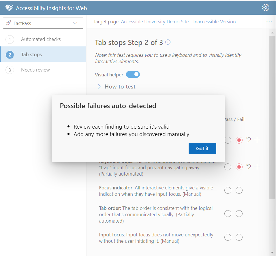 Accessibility Insights for Web Tab stops page.There is a dialog that says: "Possible failures auto-detected. Review each finding to be sure it's valid. Add any more failures you discovered manually" 