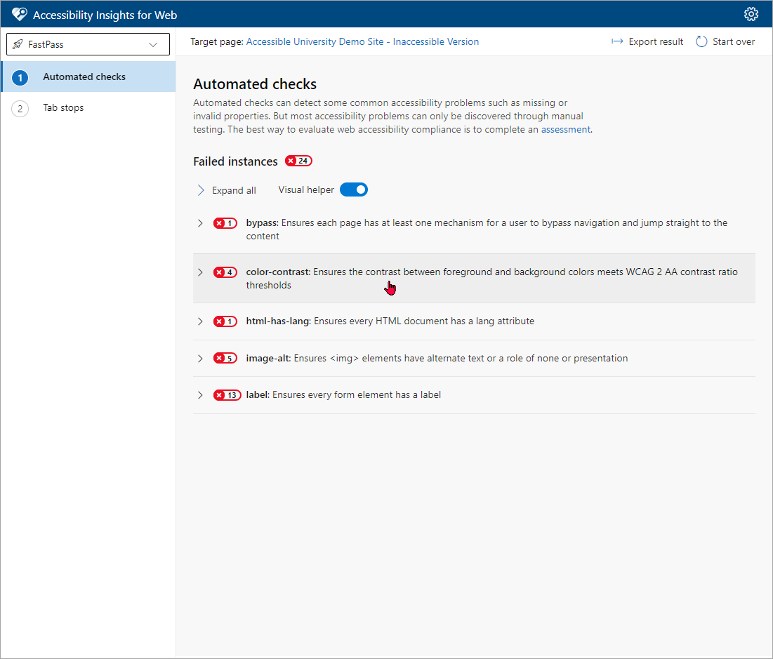 Failed rules in the Accessibility Insights for Web page