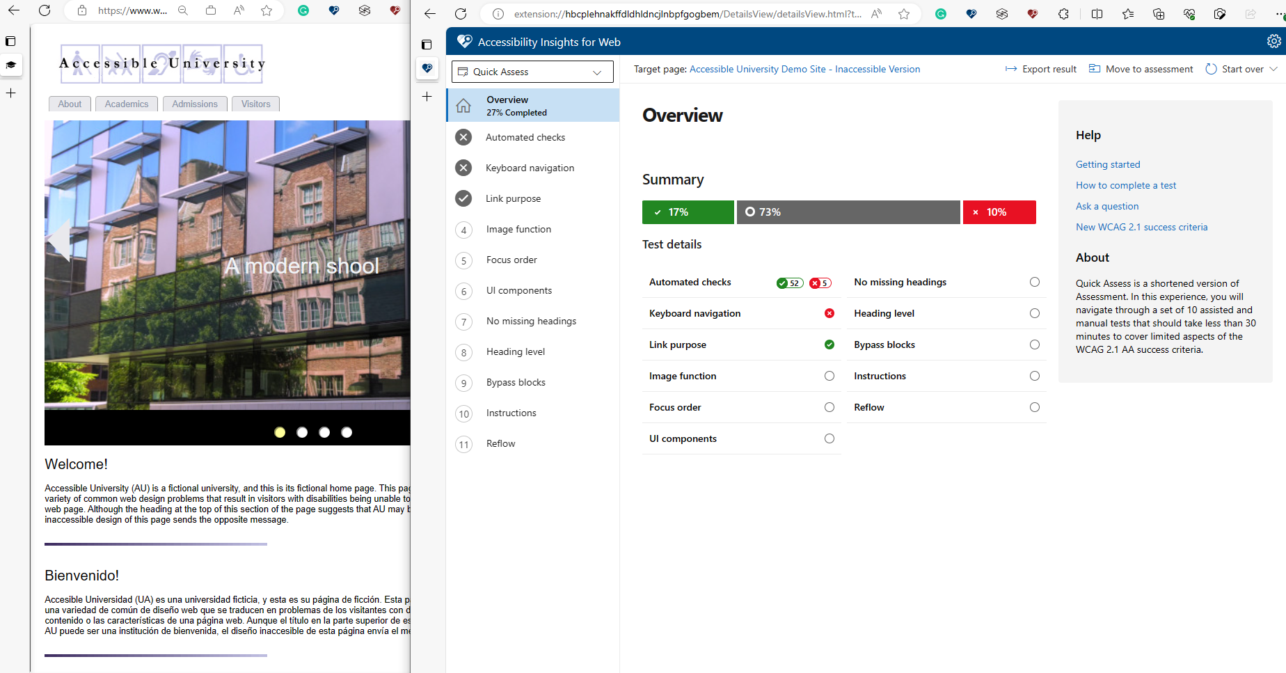 Overview showing current results for an in progress quick assess