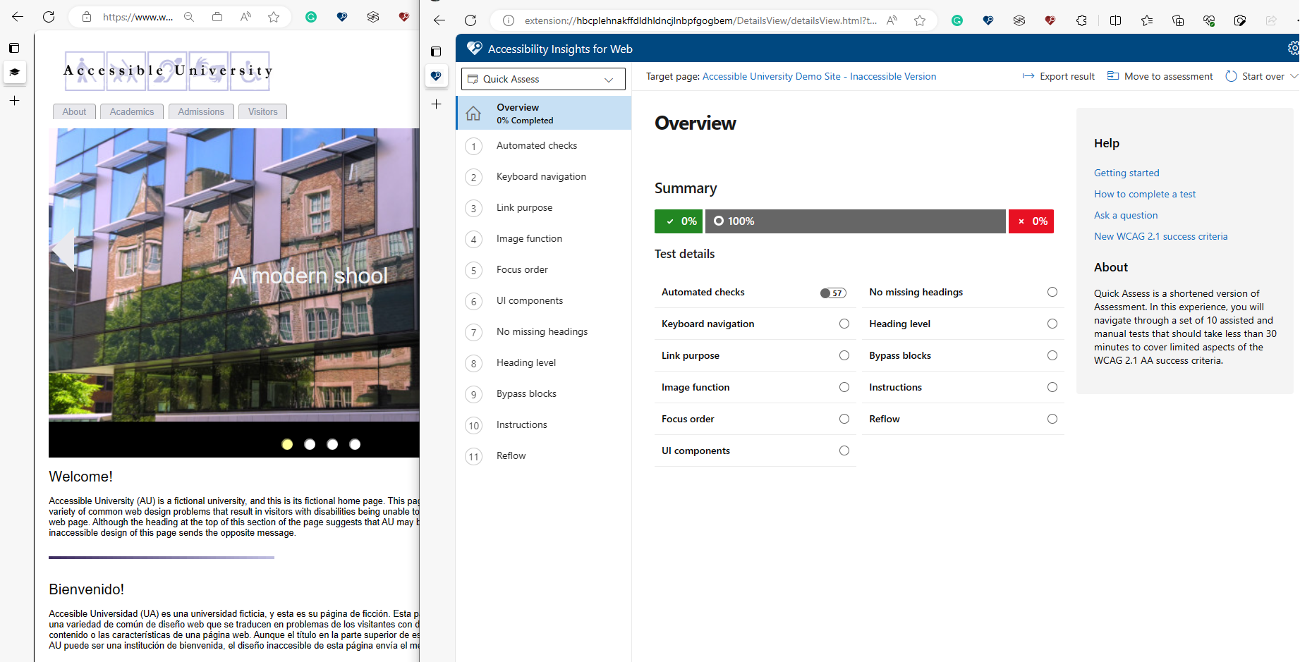 Target page and the overview displayed side-by-side