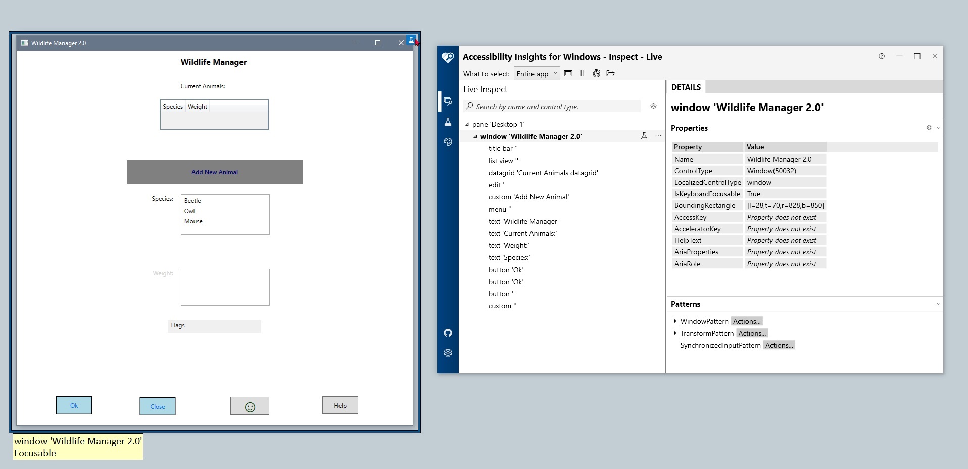 The app to be tested and Accessibility Insights for Windows are both open on the user's desktop. In the upper right corner of the app, the mouse pointer is hovering over the test icon.