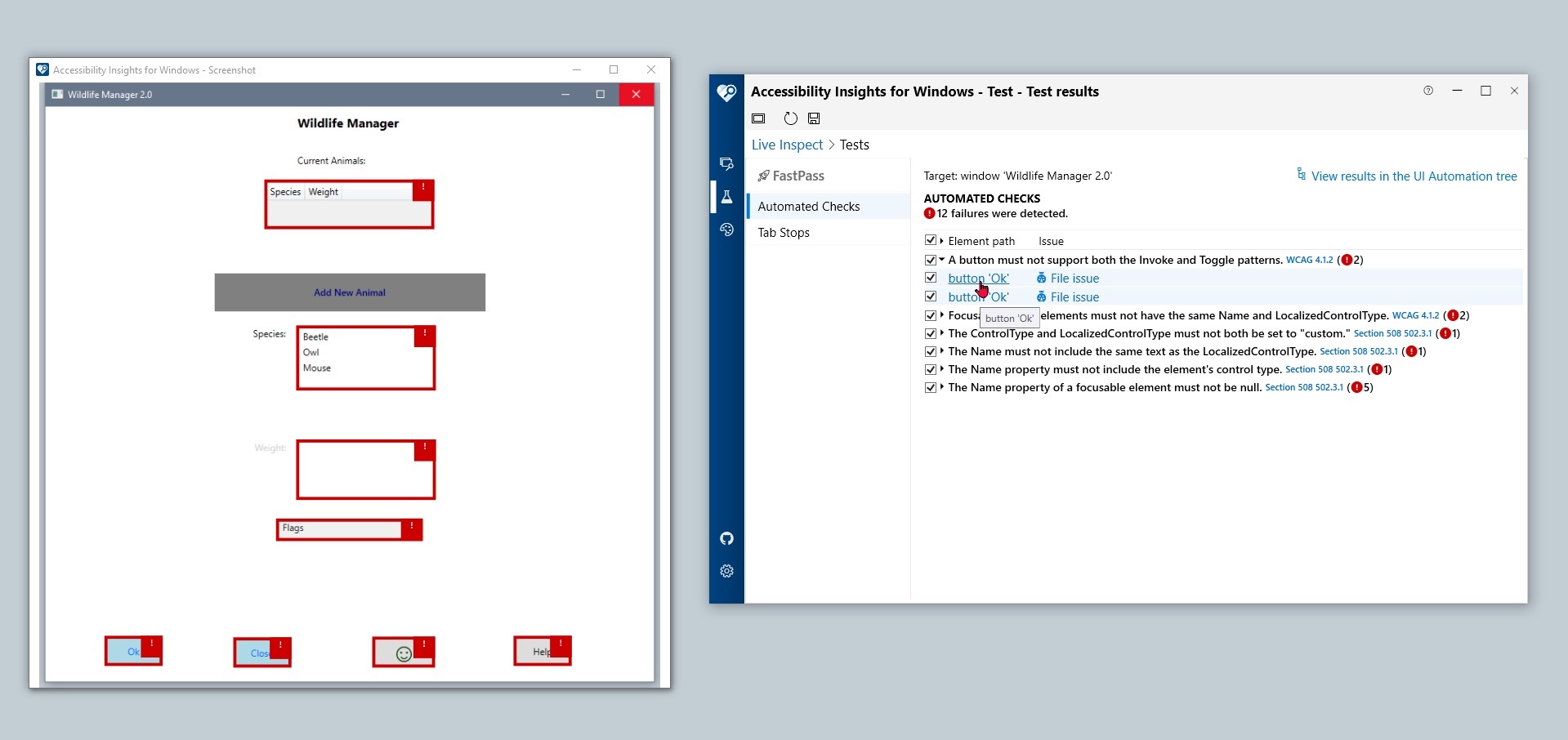 A screenshot of the app shows all elements with failures highlighted. Accessibility Insights for Windows shows the accessibility check results. The first failed rule is expanded to show its two failure instances. The mouse pointer is hovering over the first failure instance's link.