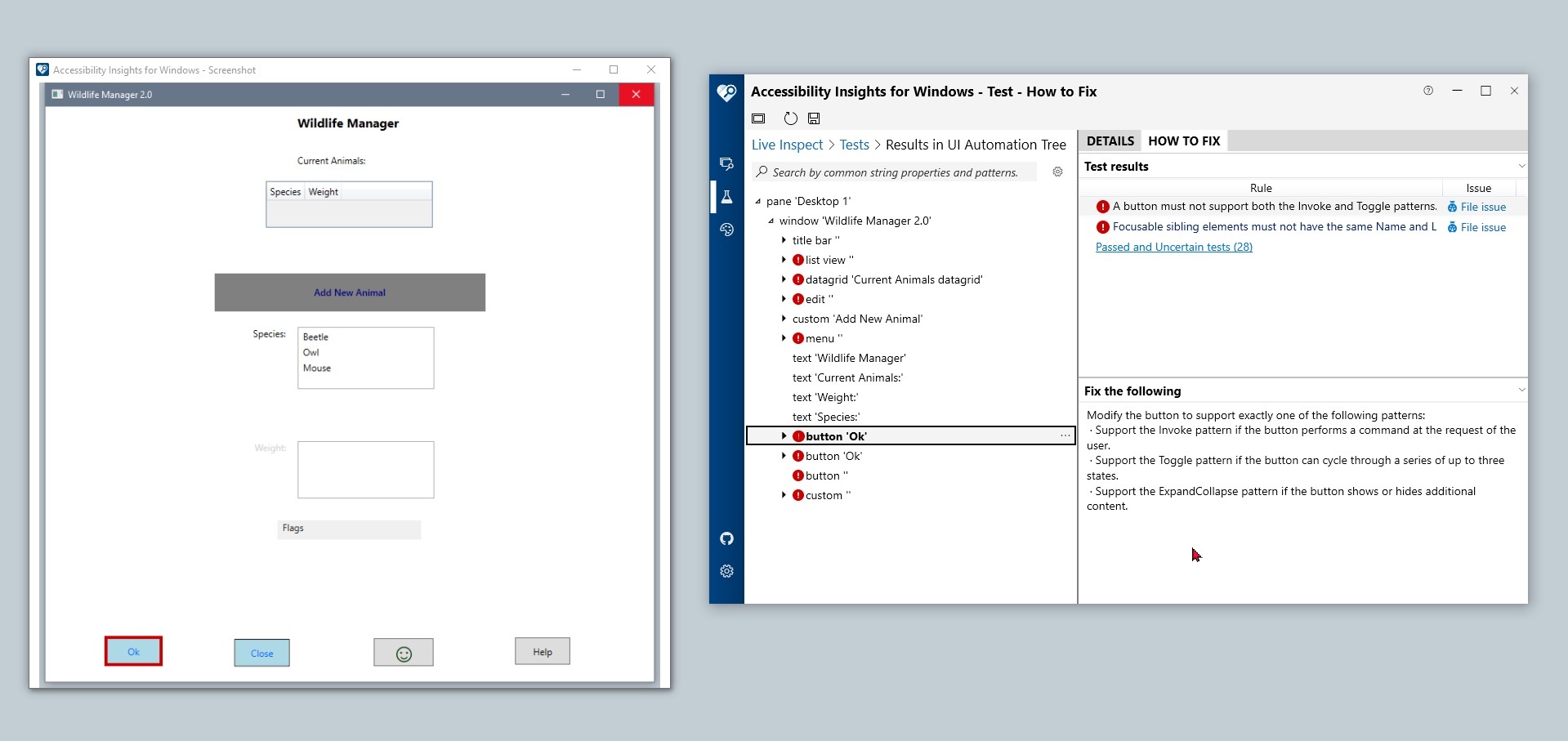 The app screenshot shows a single highlighted element. Accessibility Insights for Windows shows the element in the UIA tree, lists the two rules failed by that element, and displays how-to-fix instructions for the first rule.