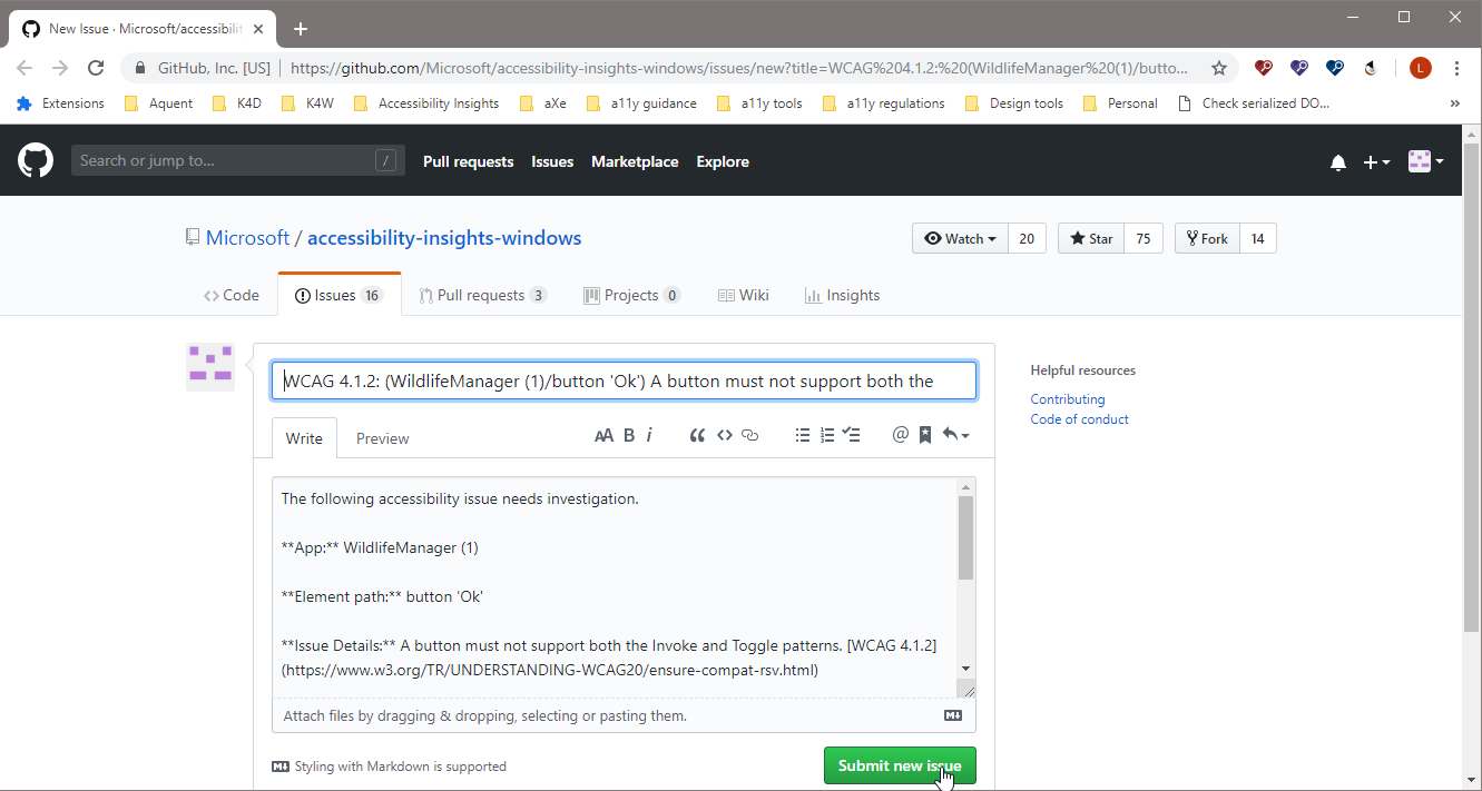 Screenshot showing a new issue in GitHub