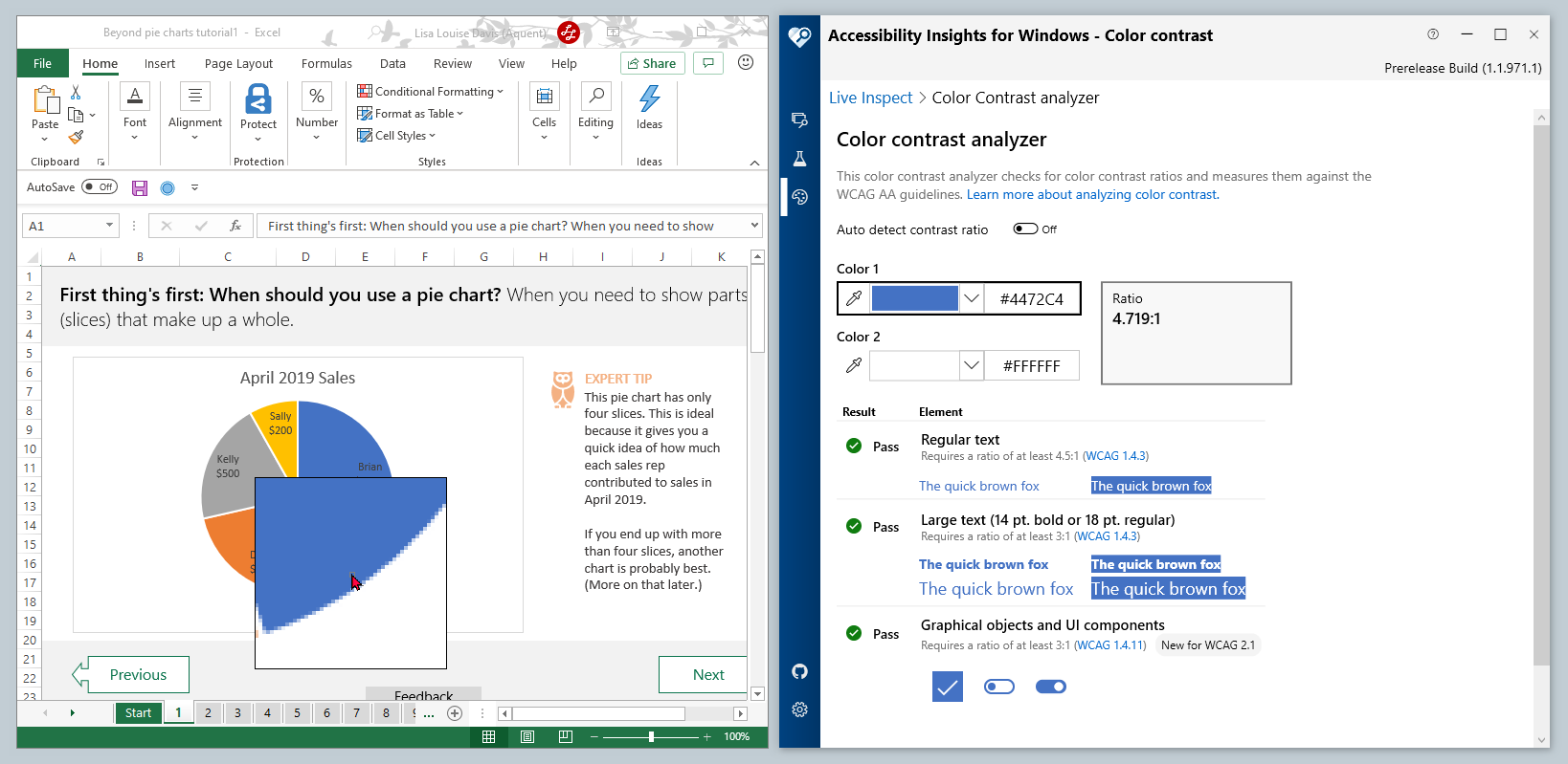 Screenshot showing the target app and Accessibility Insights for Windows. The mouse is hovering over a segment of a pie chart. Accessibility Insights for Windows indicates that the contrast ratio between the color of the segment (medium blue) and its background (white) passes the WCAG success criterion for graphical objects and UI components.