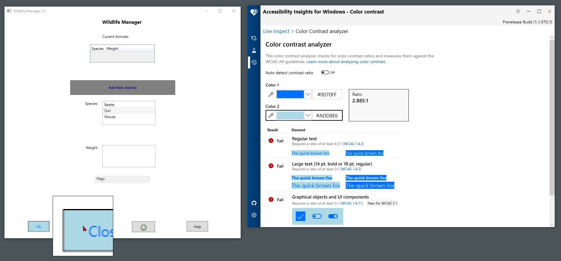 Screenshot showing the target app, a screenshot in the Snip & Sketch tool, and Accessibility Insights for Windows. The mouse is hovering over the blue border of a selected list item in the screenshot. Accessibility Insights for Windows indicates that the contrast ratio between Color 1 (the border color of the unselected list item) and Color 2 (the border color of the selected list item) fails the WCAG Success Criterion for graphical objects and UI components.