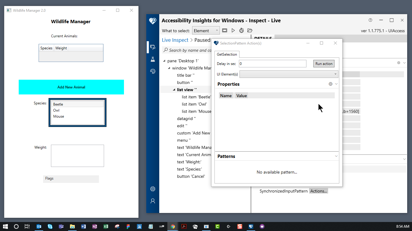 SelectionPattern Actions dialog opened.