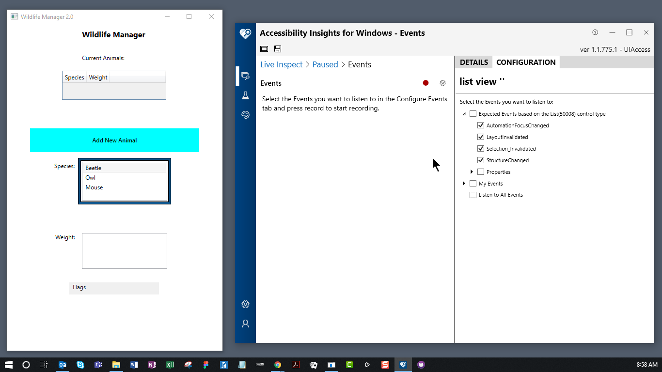 Events view with the Events table empty and the Configuration tab open.