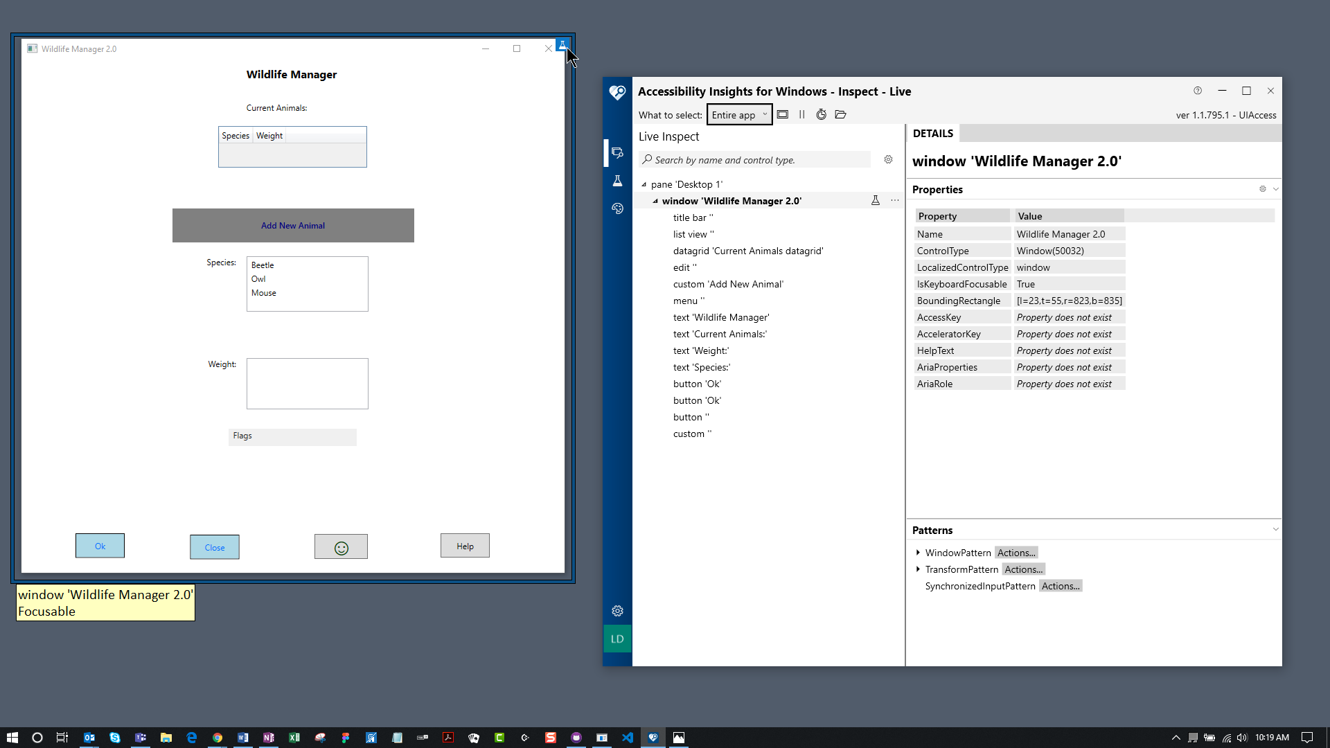 Screenshot showing the target application and Accessibility Insights for Windows