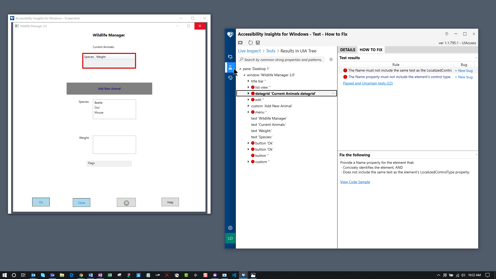 Screenshot showing failure details in Accessibility Insights for Windows