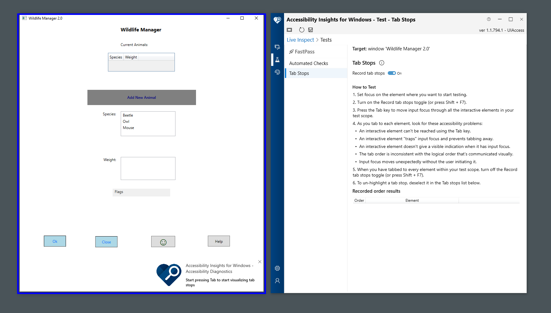 Screenshot showing the Tab Stops test with tab stop recording enabled