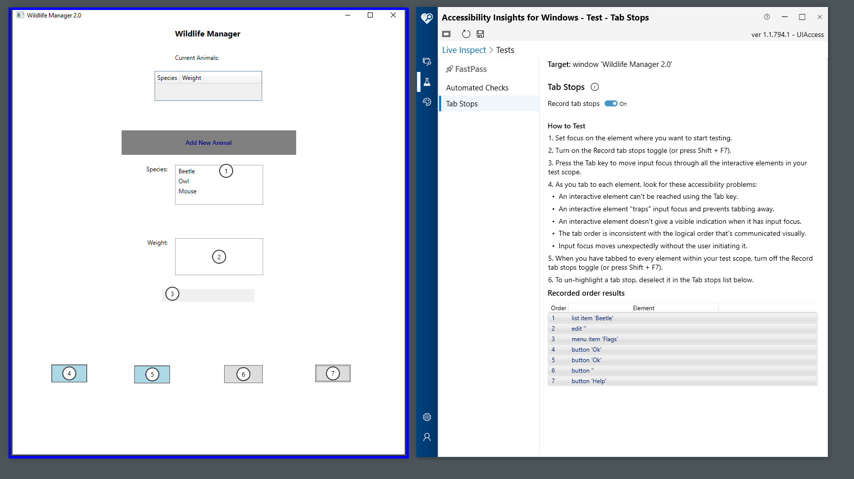 Screenshot showing tab stops highlighted and numbered in the target application